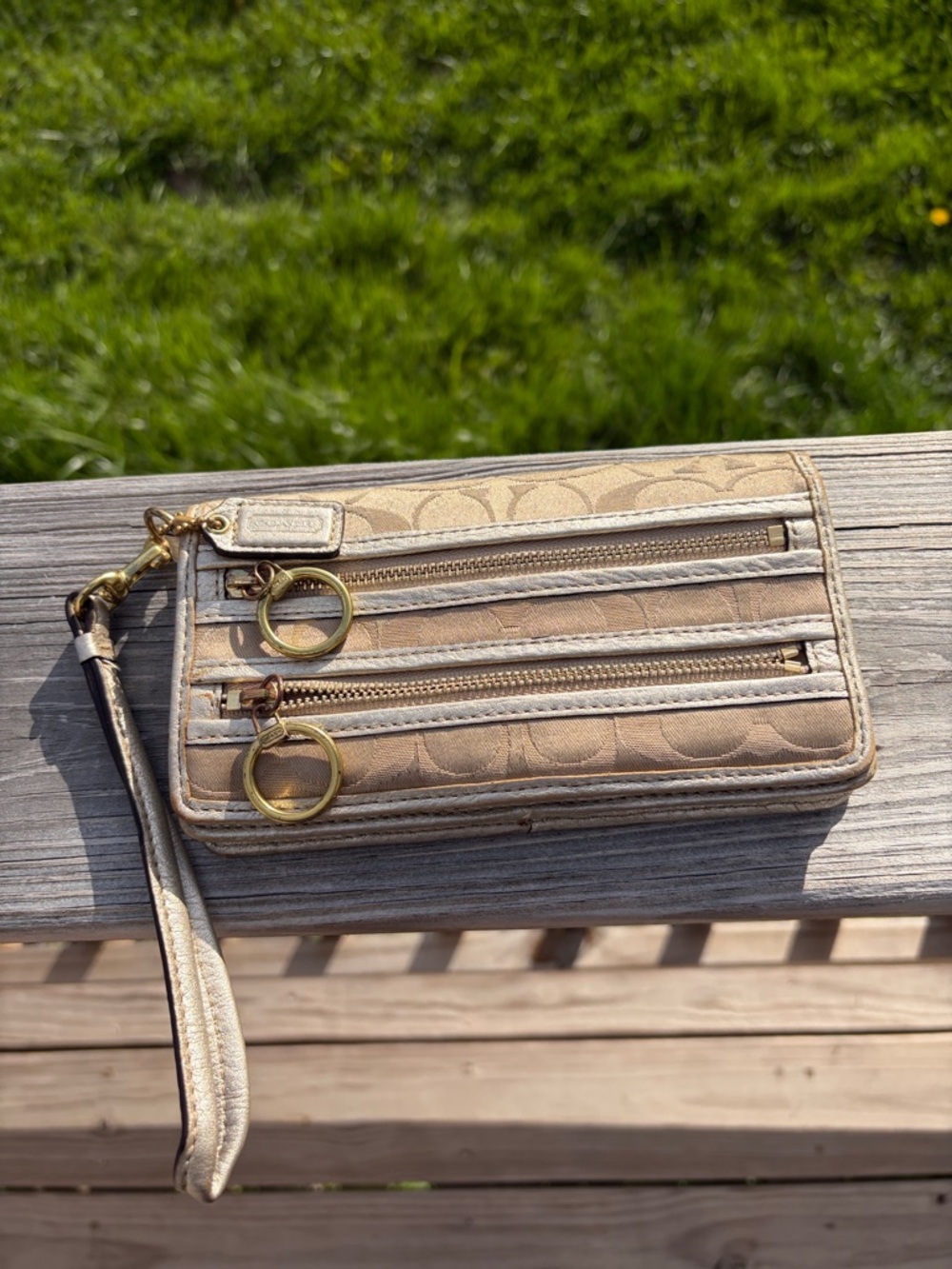 Coach Signature Poppy Pattern Beige Wristlet Wallet with Gold Hardware